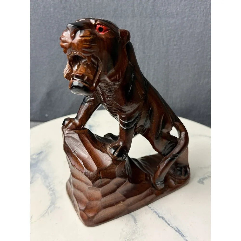 Vintage Hand Carved Wooden Tiger Statues Glass Eyes Made in Korea Asian Figurine